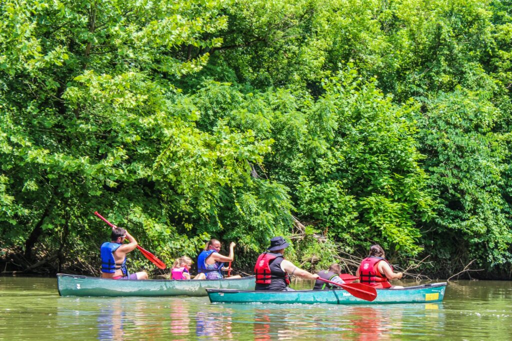 Group canoeing on the Hocking River